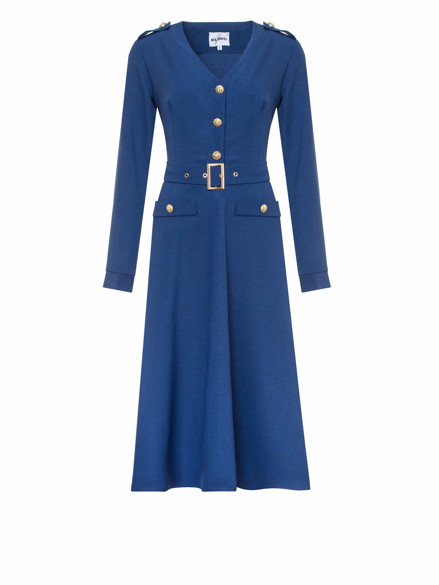 Blue dress in fine suit wool with straps and metal buttons